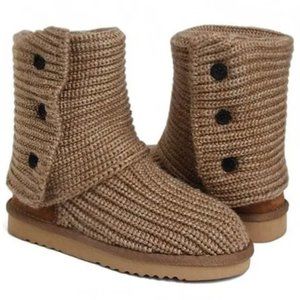 UGG Classic Cardy Button Detailed Yarn Knit Boots, Tan, Wool Lining, Size 9